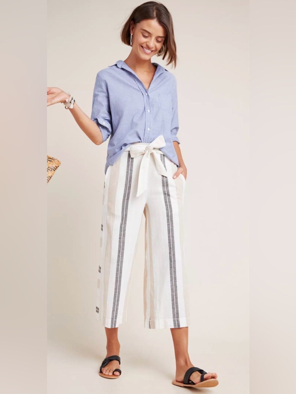 Anthropologie Linen Cotton Wide Leg Cropped Pants Striped Paperbag Waist size SP